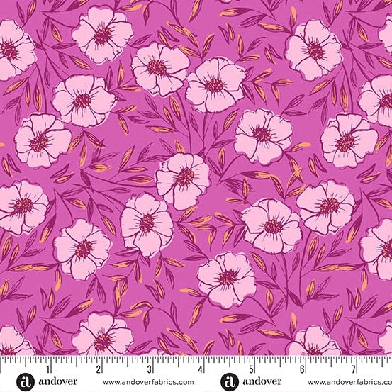 Floral pattern with pink flowers on a purple background, featuring Andover Fabrics branding.