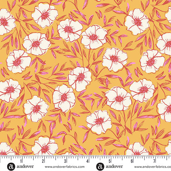 Floral pattern with white flowers and pink leaves on a yellow background, featuring Andover Fabrics branding.
