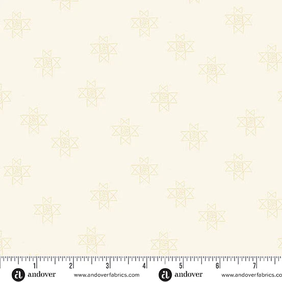 Cream fabric swatch with geometric pattern and Andover Fabrics logo