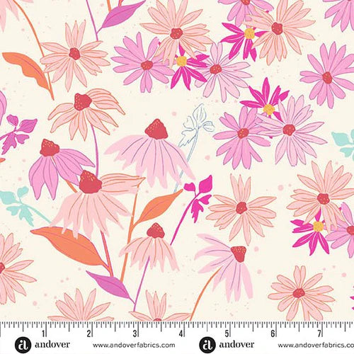 Floral pattern with pink and orange flowers on a light background, featuring Andover Fabrics branding.