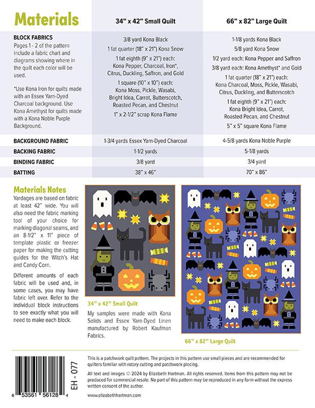 Quilt pattern material list with Halloween-themed fabric swatches on a white background