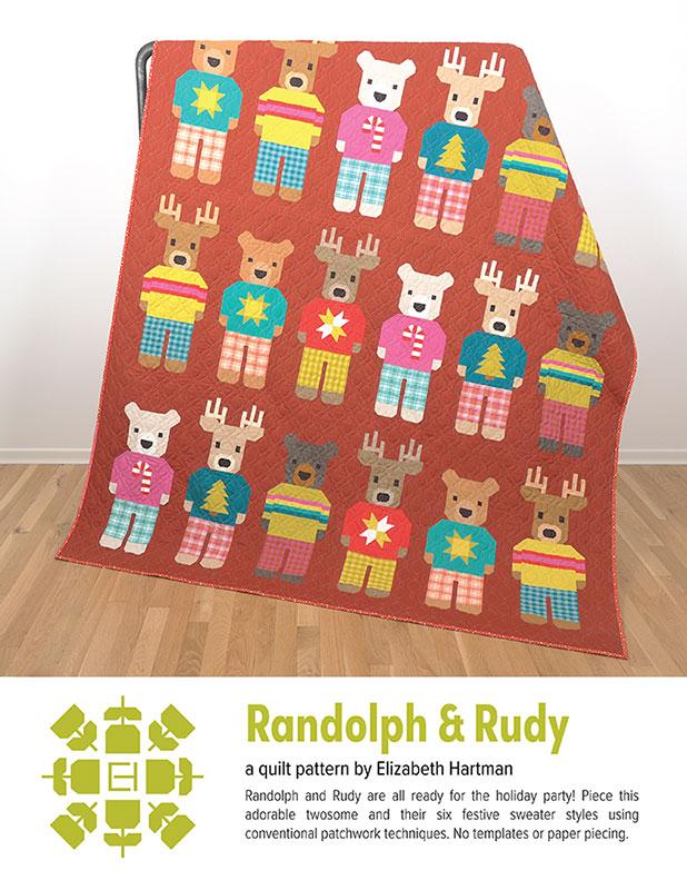 Quilt pattern featuring teddy bears and reindeer in colorful sweaters on a wooden floor.