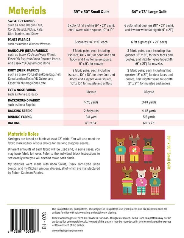 Quilt pattern material requirements with fabric types and yardage on a red background