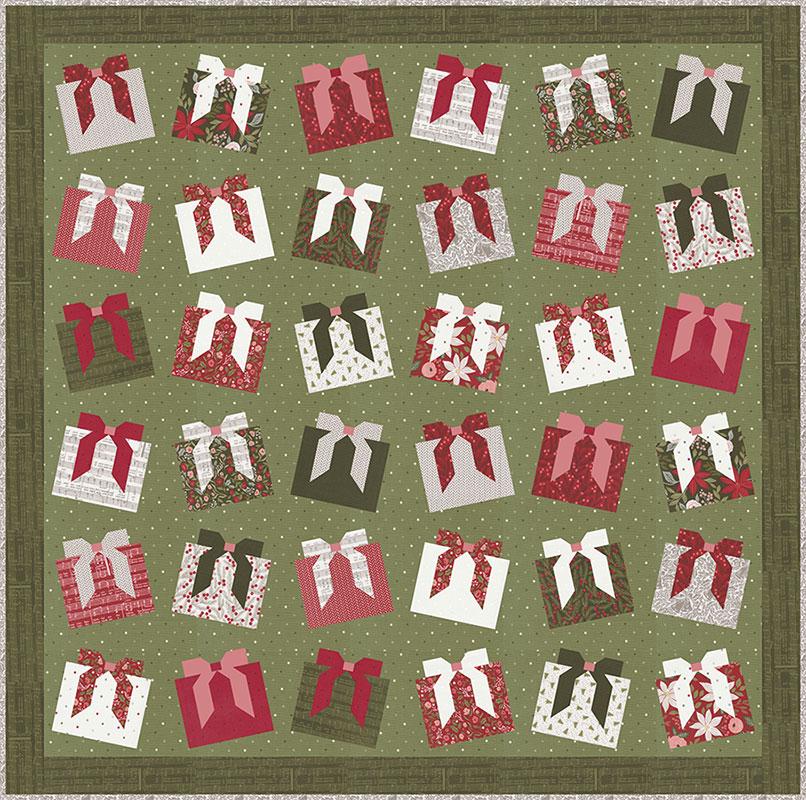 Quilt pattern with Christmas gift boxes and bows on a green background