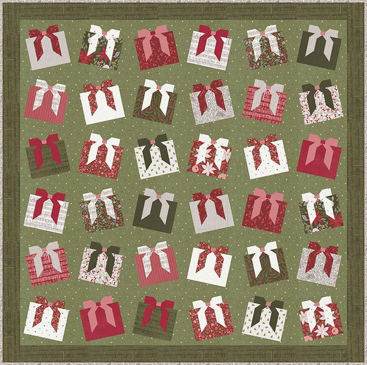 Quilt pattern with Christmas gift boxes and bows on a green background