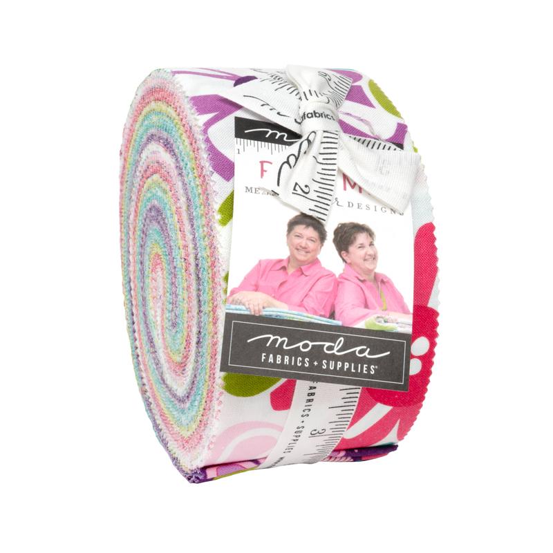 Pack of colorful fabric strips with Moda Fabrics packaging on a white background