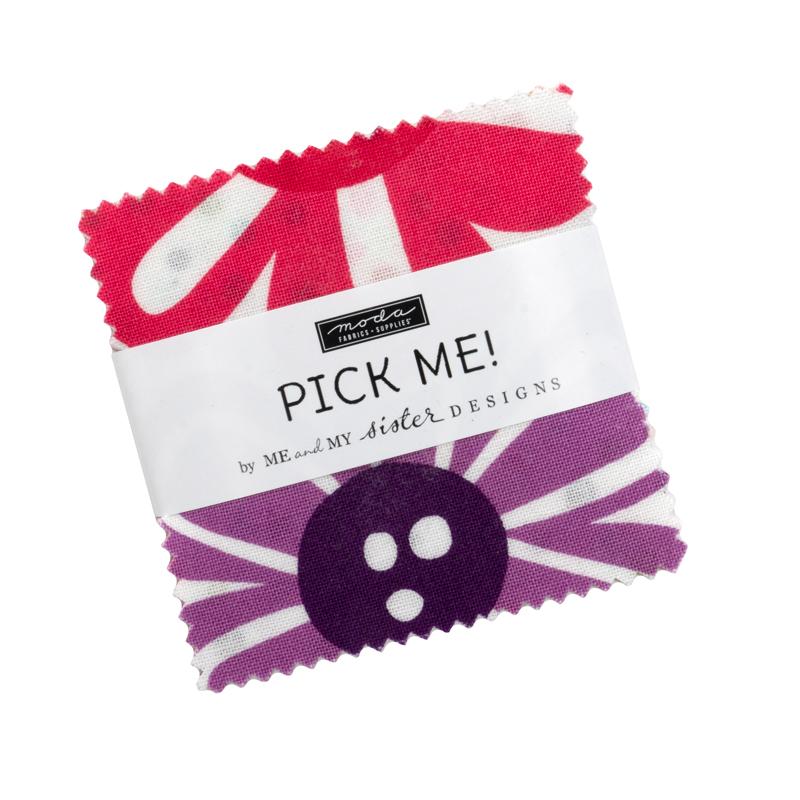 Fabric swatch with a button and 'Pick Me!' text on a white background