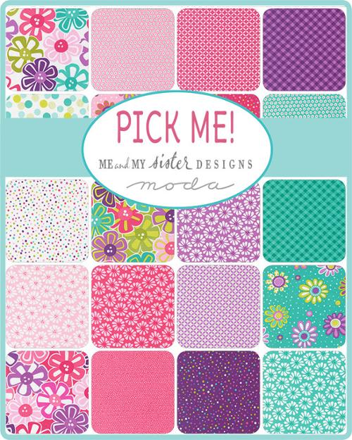 Collection of colorful fabric swatches with 'Pick Me!' text and 'Me and My Sister Designs' branding.