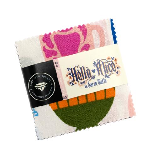a stack of 2.5 inch sqaure peices of fabrics bundled with a label that says "hello Alice by Sarah Watts"
