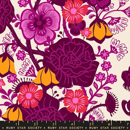 light and dark purple florals on an off-white background