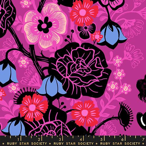 black, blue, and red florals over a bright fuchsia background