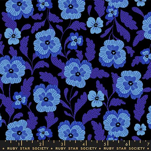 illustrated design of violet flowers in light blue and purple on a black background