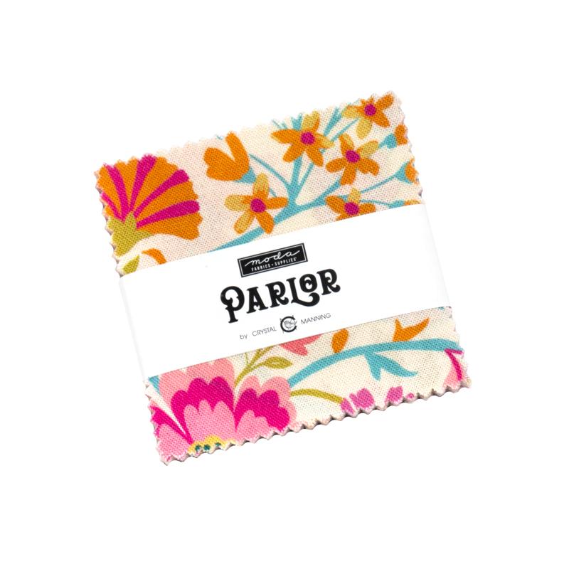 Parlor Mini Charm Pack with multi colored flowers and a white background