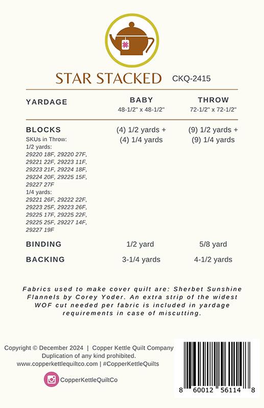 Fabric yardage chart for Star Stacked quilt pattern with brand logo and text.
