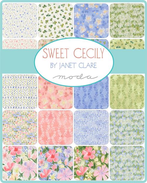 Collection of floral fabric patterns with 'Sweet Cecily' by Janet Clare branding.