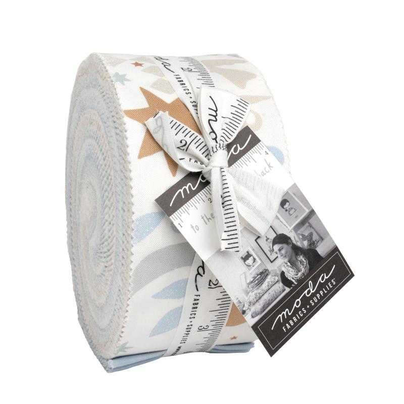 Roll of fabric with geometric patterns and a Moda label on a white background