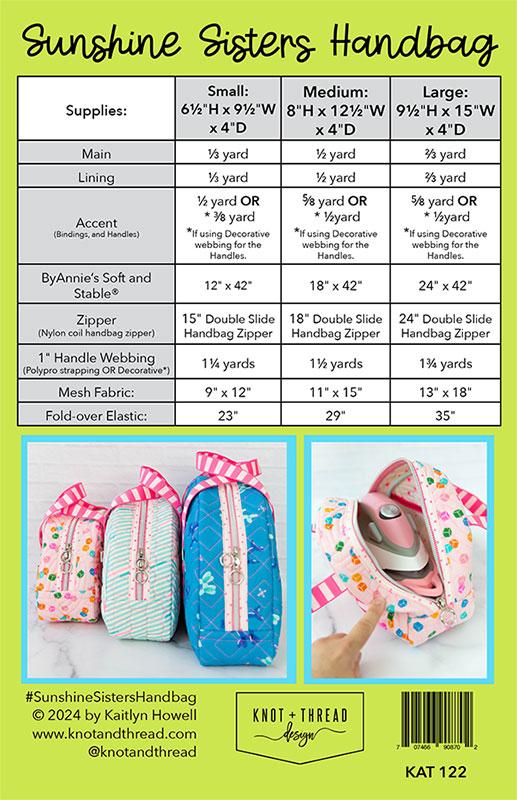 Sunshine Sisters Handbag pattern with measurements and materials list on a green background