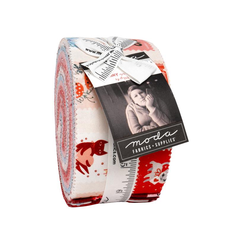 Roll of fabric with a pattern and Moda label on a white background