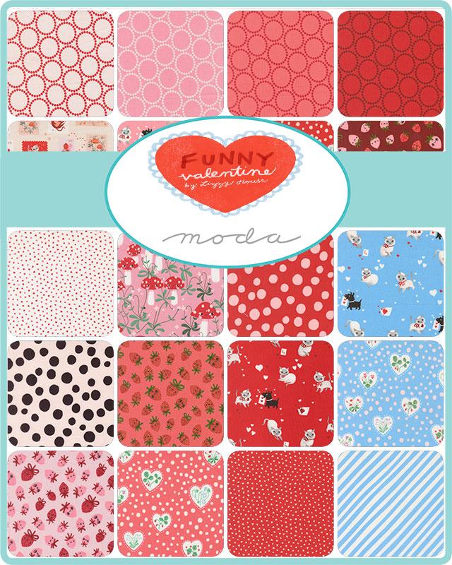 Collection of fabric swatches with various patterns and a Moda label.