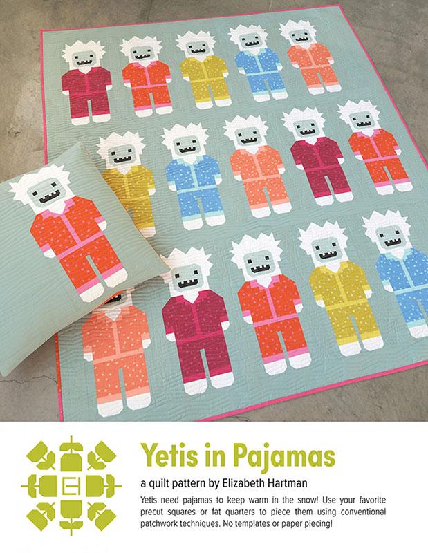 A quilt pattern preview titled 'Yetis in Pajamas' by Elizabeth Hartman, showing a quilt with multiple colorful Yeti figures on a pale blue background. The image includes a folded matching quilt piece and a white text banner at the bottom describing the pattern.