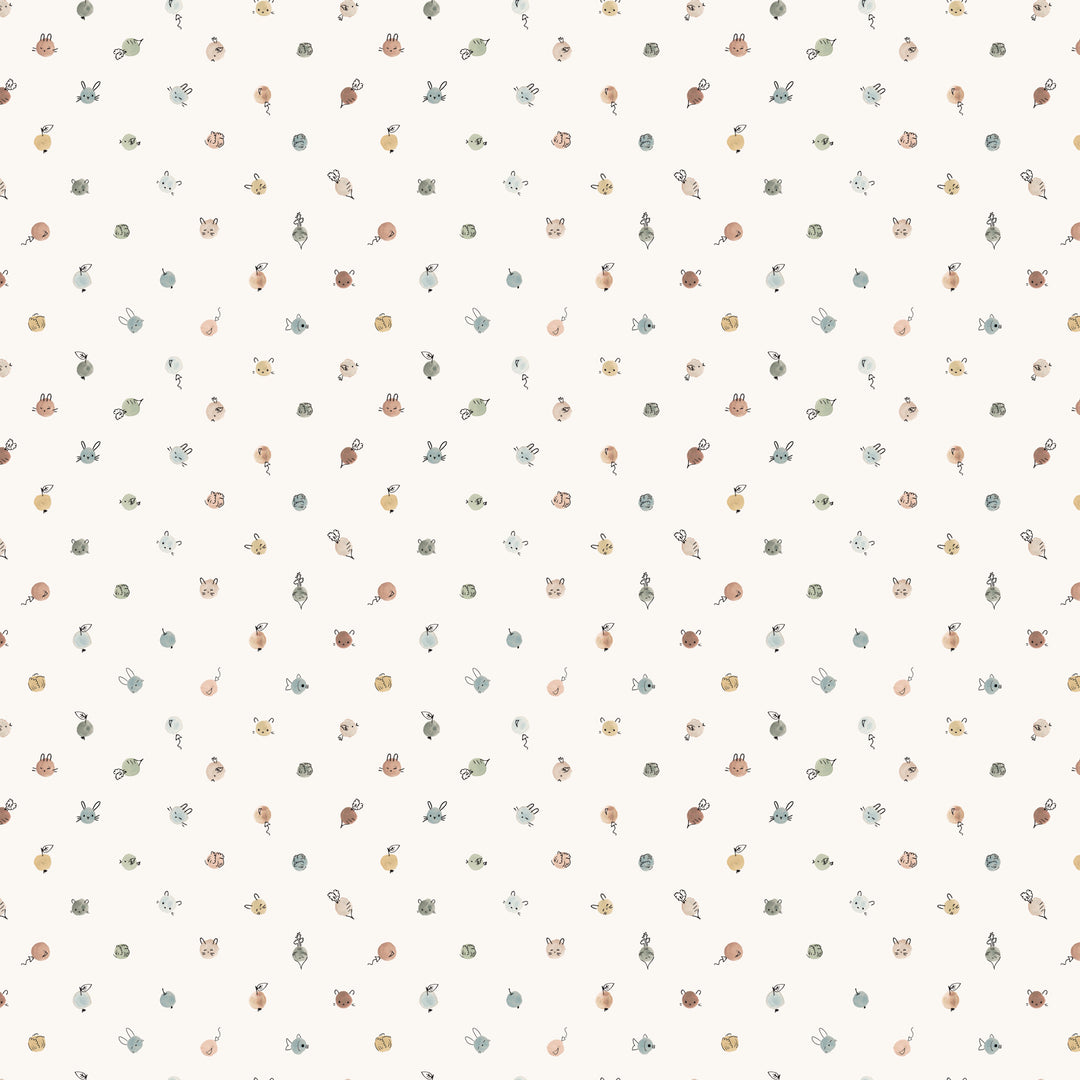 Dots on a cream background made into bunnies, carrots, fish, balloons