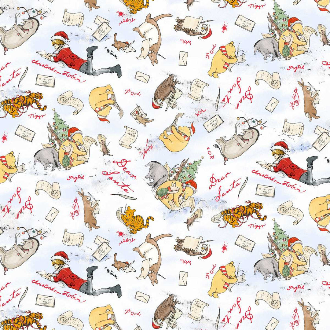 Christmas-themed wrapping paper with cartoon characters and text on a white background