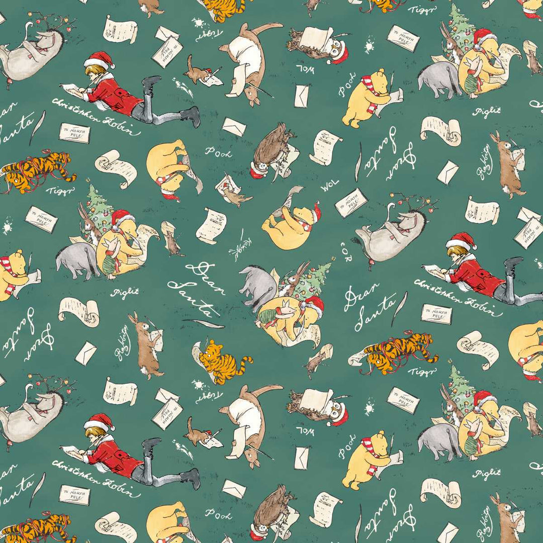 Patterned fabric with cartoon characters and text on a green background
