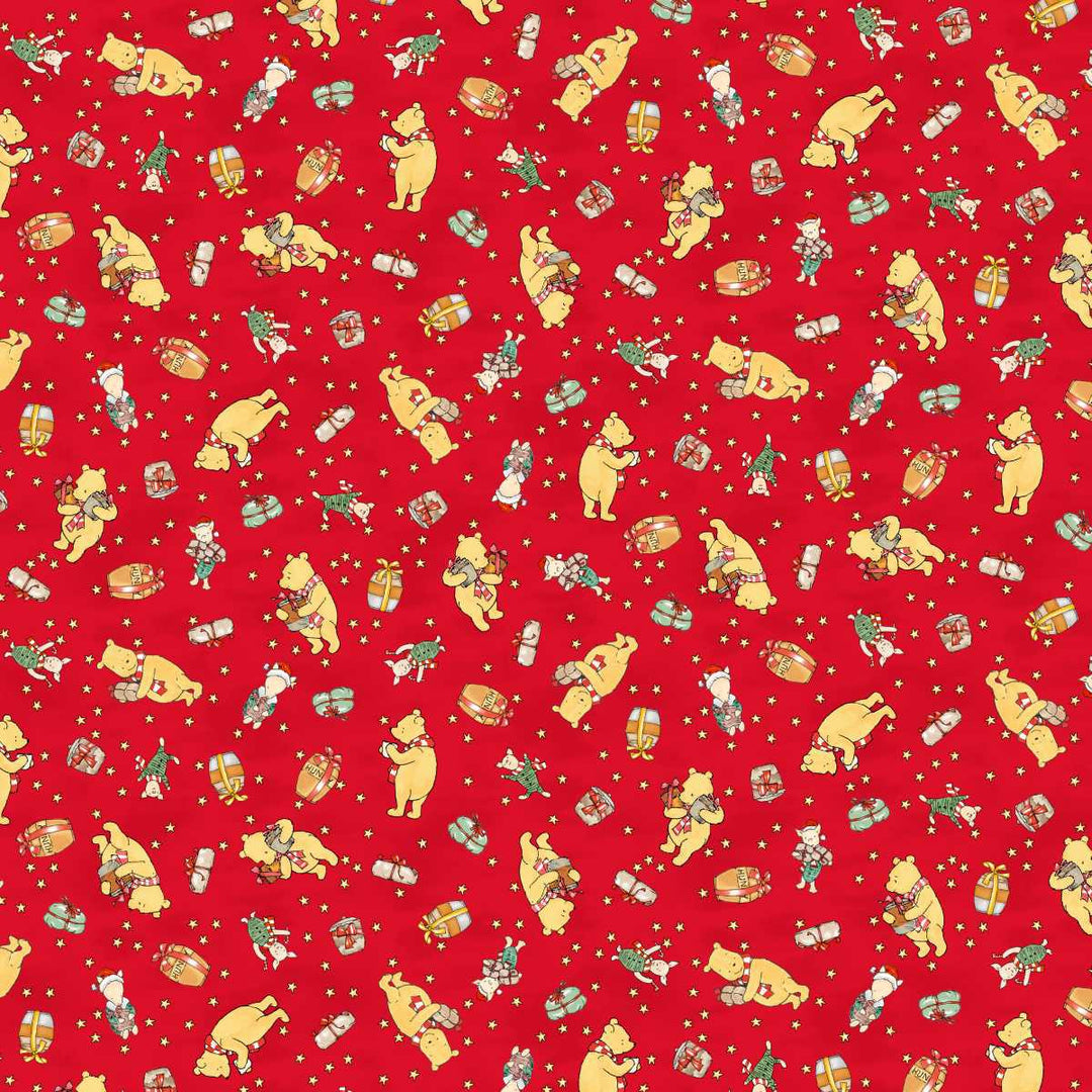 Pattern of cartoon bears and other characters on a red background