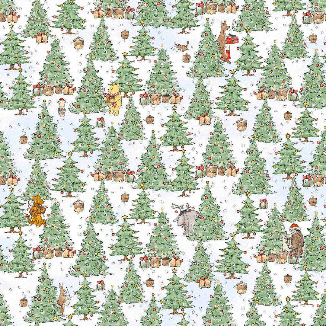 A repeating Christmas-themed pattern featuring green Christmas trees with ornaments, wrapped gifts, snowflakes, and small illustrated characters including a Santa Claus, a reindeer, a bear, and a dog on a white background.