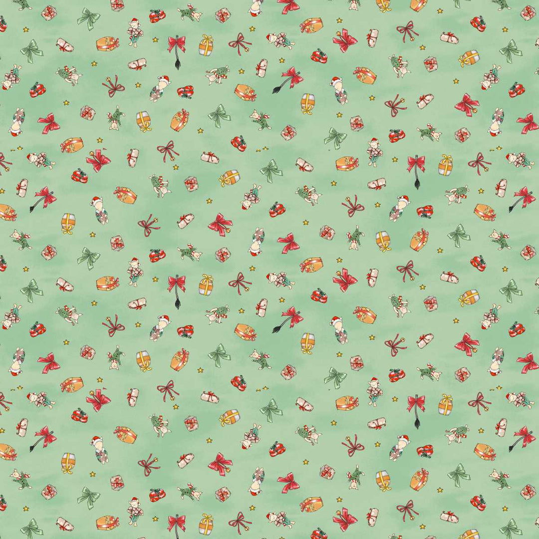 Patterned fabric with small Christmas-themed illustrations on a green background