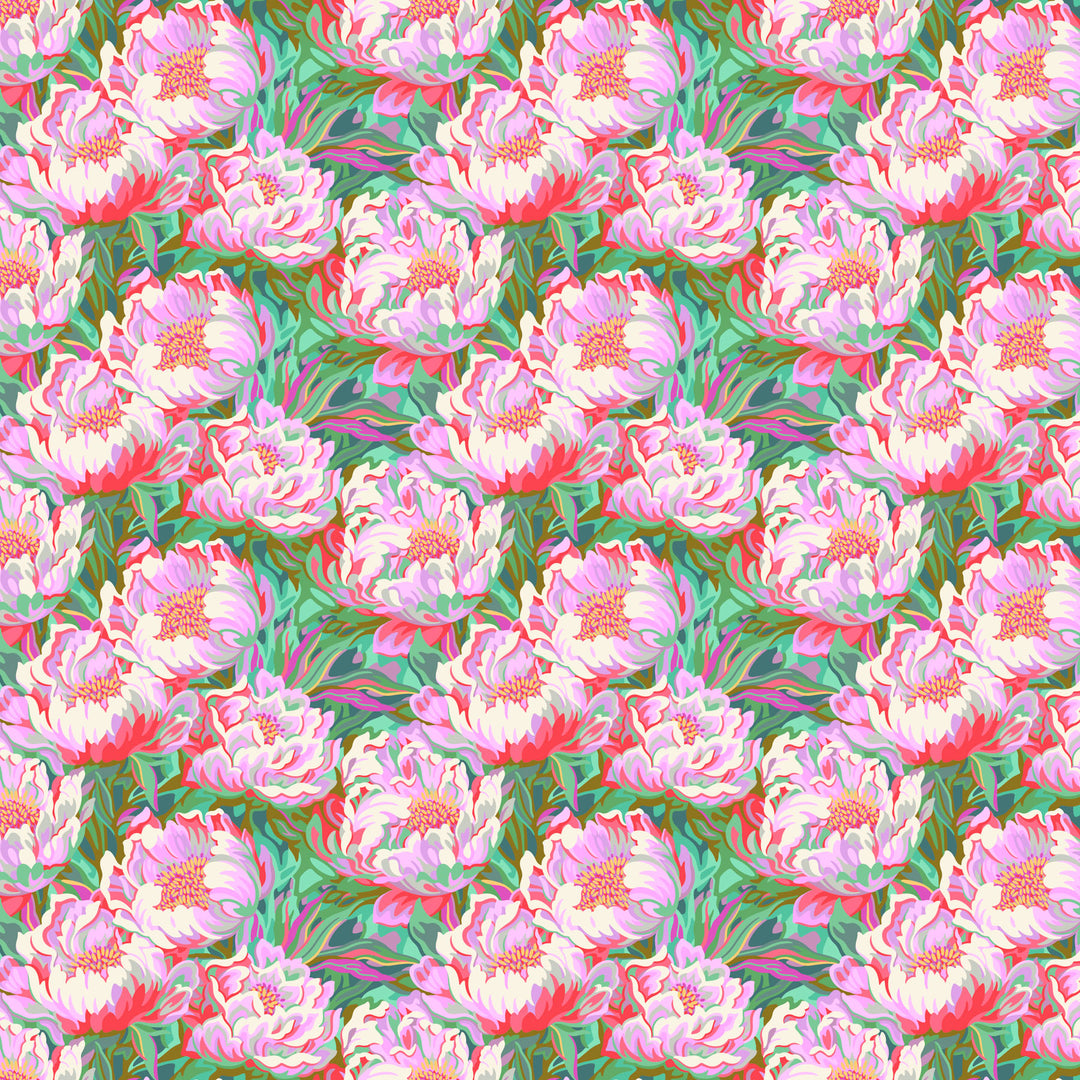 fabric swatch with texture pink and white and red florals on a greenery background