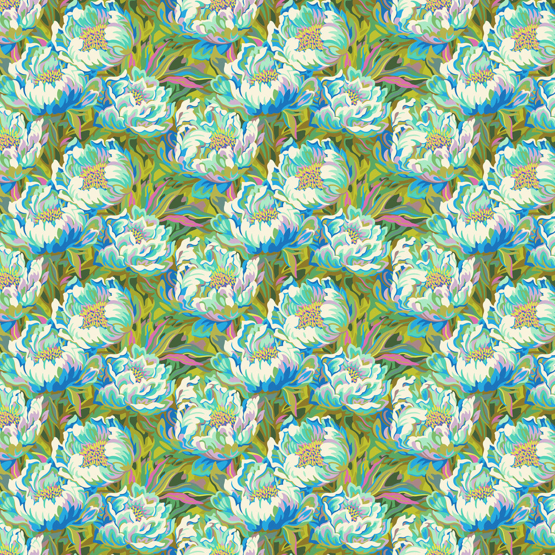 fabric swatch with texture white and blue florals on a greenery background