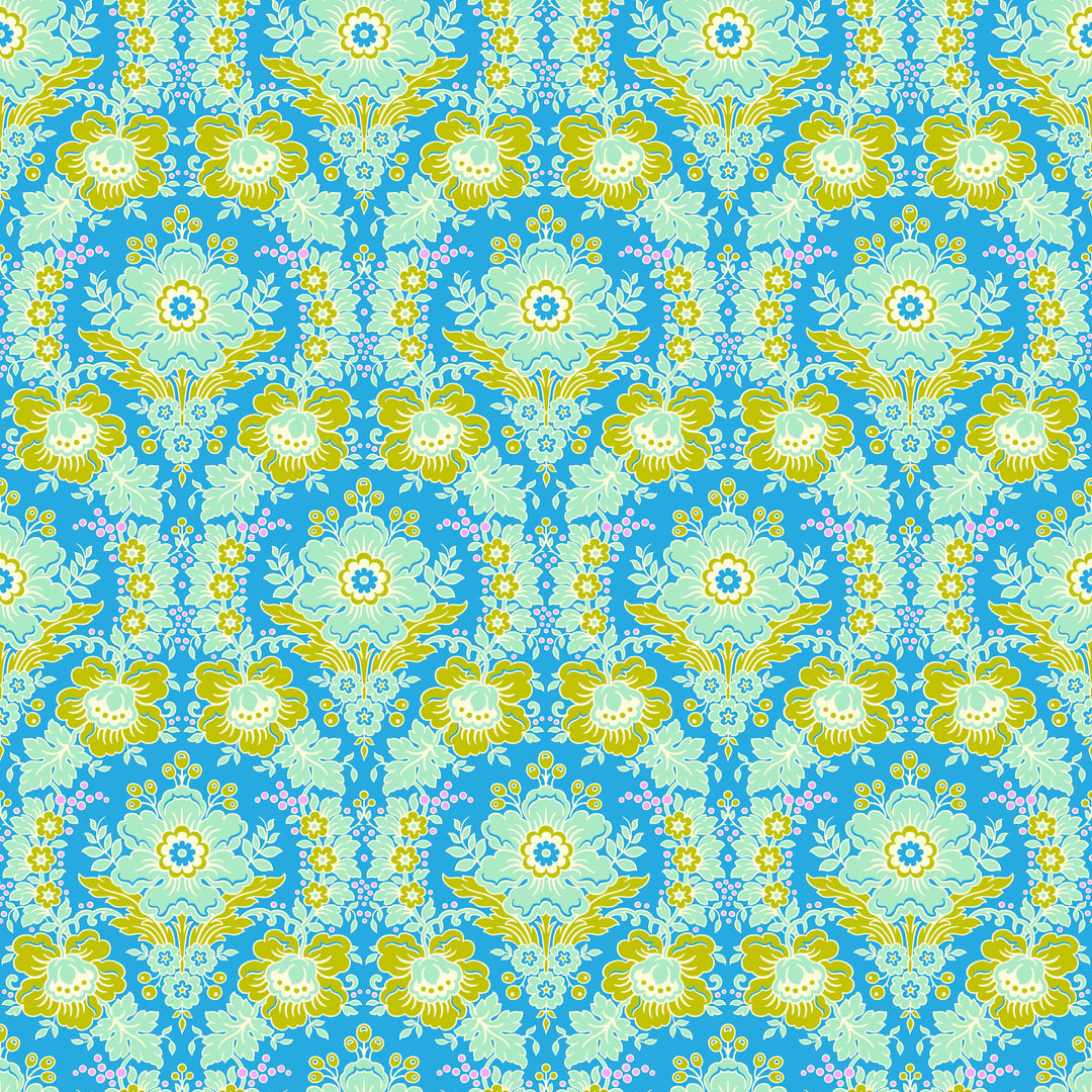 fabric swatch with sea green and grass green florals situated on a blue background