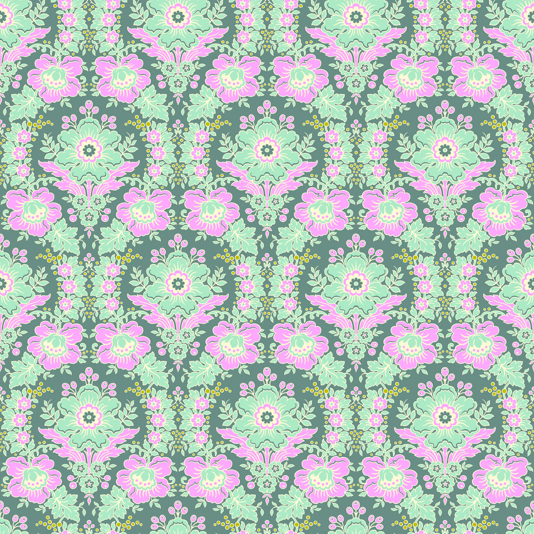 fabric swatch with sea green and fuschia pink florals situated on a gray green background
