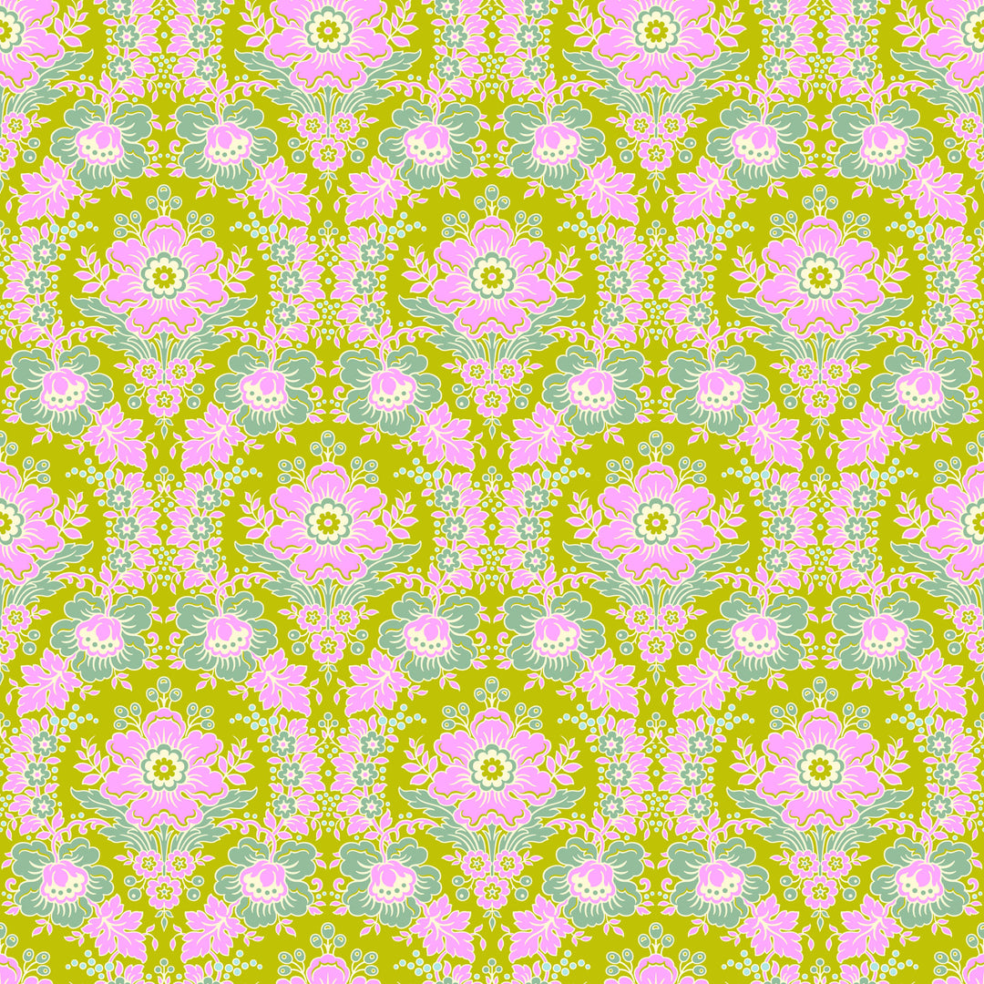 fabric swatch with gray green and grass green florals situated on a chartreuse  background