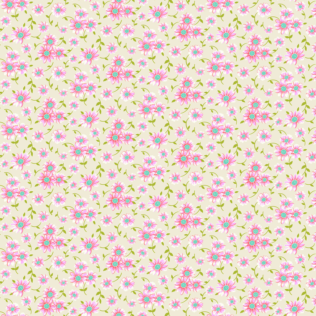 fabric swatch of small white and bright pink daisies with blue centers on a dove white background