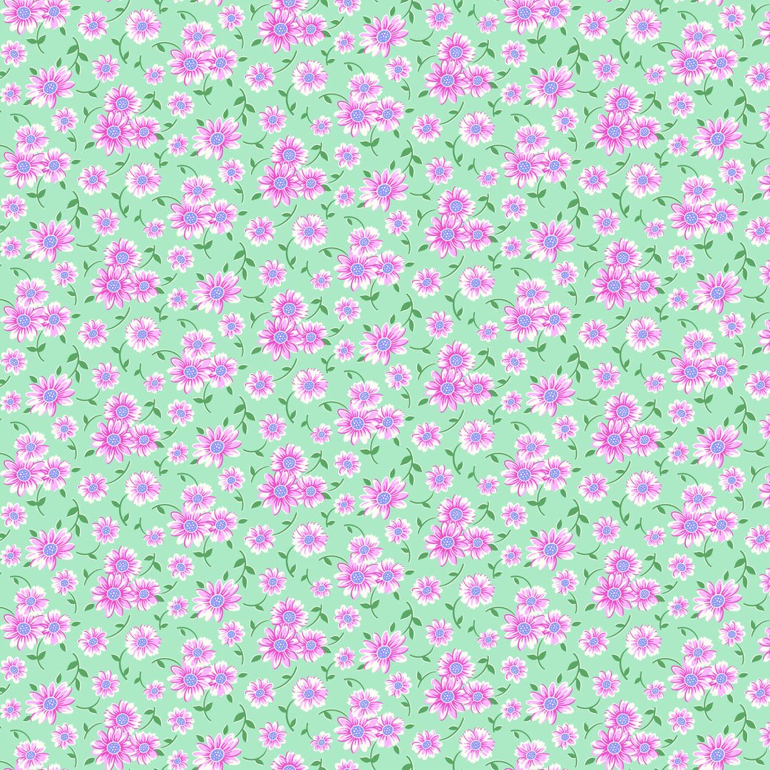 fabric swatch of small white and bright pink daisies with blue centers on a sea green background