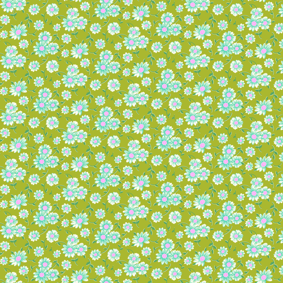 fabric swatch of small white and bright blue daisies with pink centers on a chartreuse background