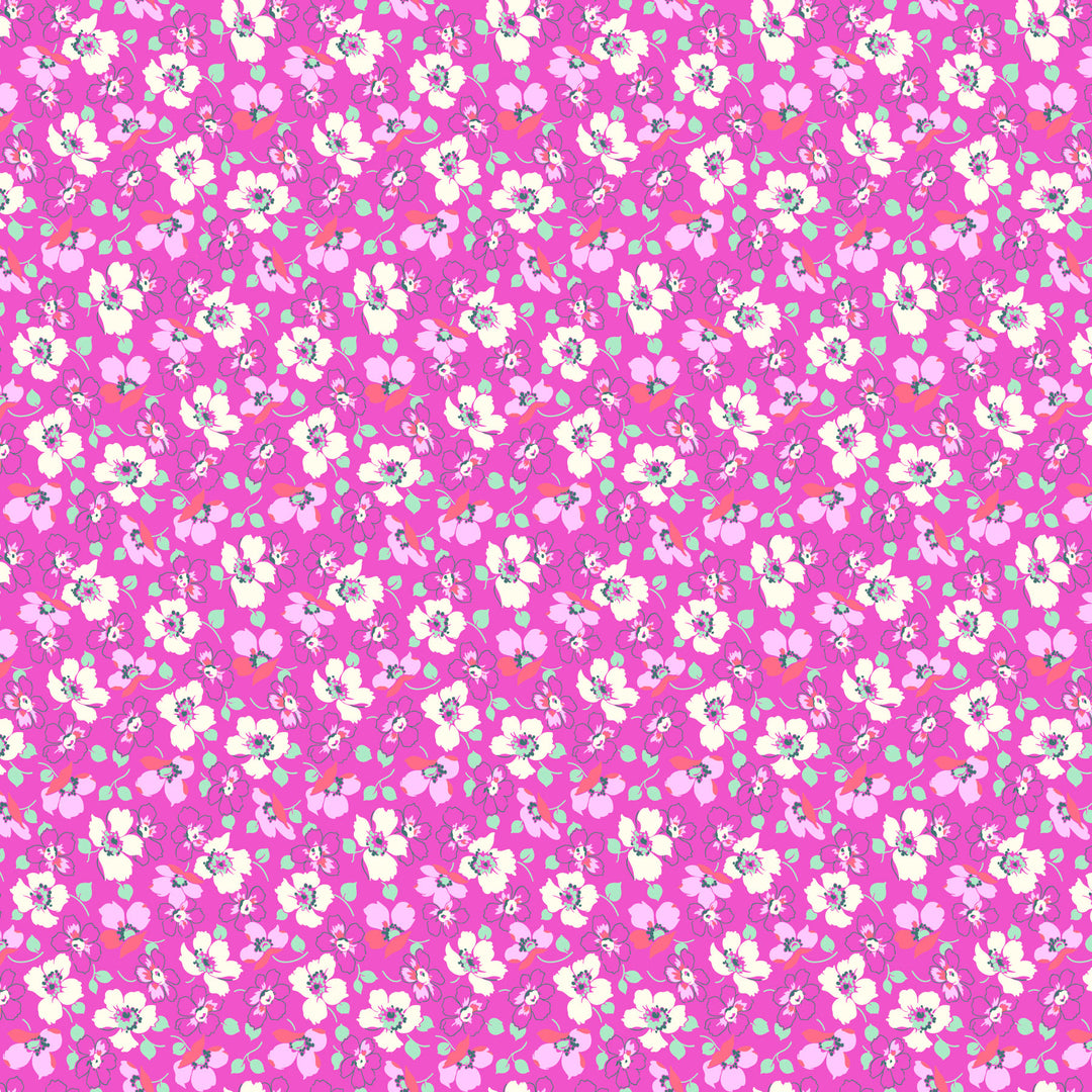 fabric swatch of white and purple florals on a bright violet background