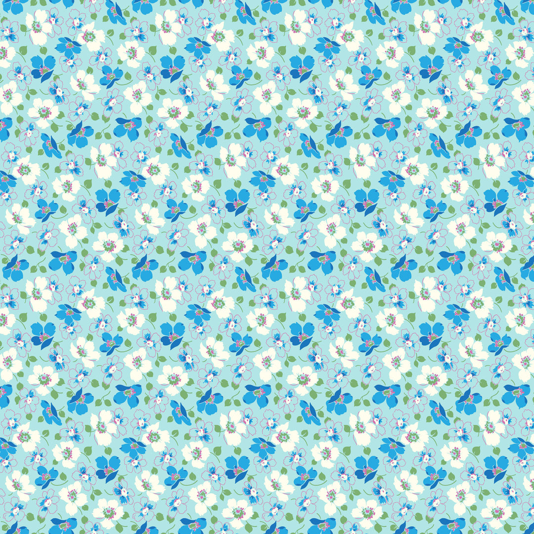 fabric swatch of white and blue florals on a light blue background