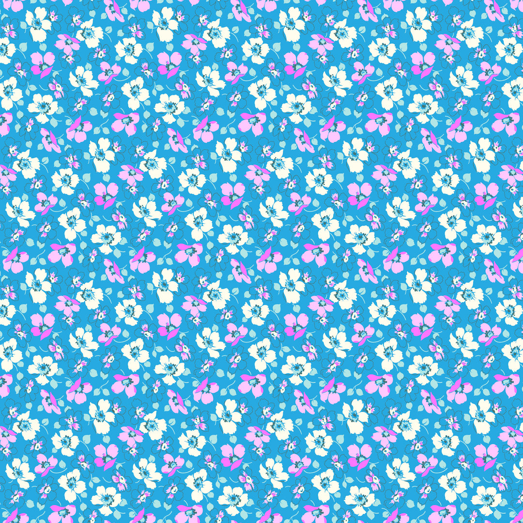fabric swatch of white and pink florals on a bold blue background