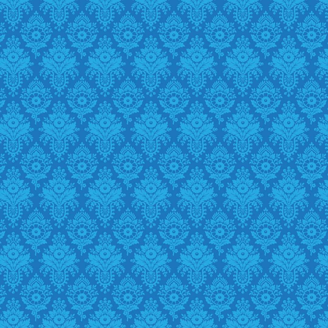 fabric swatch of light blue florals arranged in a diamond geometric pattern on a darker blue background