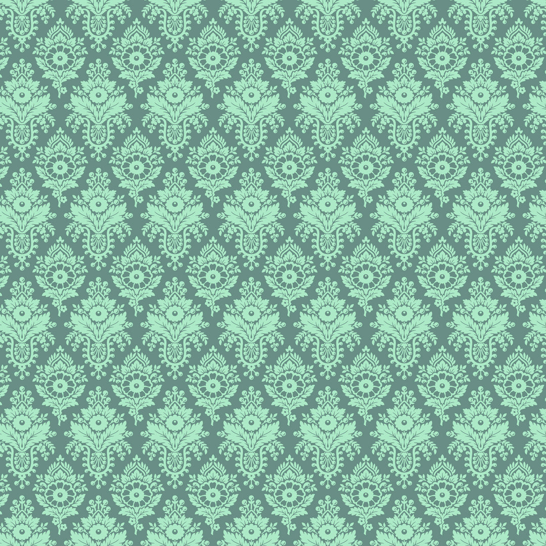 fabric swatch of sea green florals arranged in a diamond geometric pattern on a dark green gray background