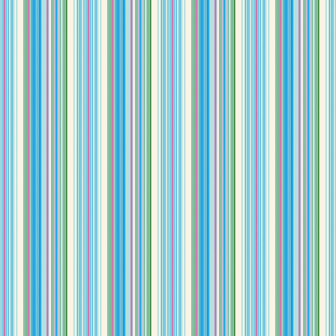 fabric swatch with a print of vertical lines, alternating with larger cream colored stripes and then groups of thin light blue, blue, green and purple stripes