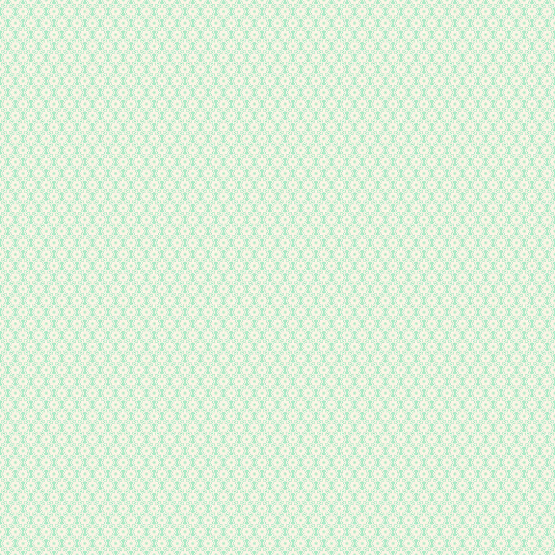 fabric swatch of a small geometric white flower print on a light green blue background