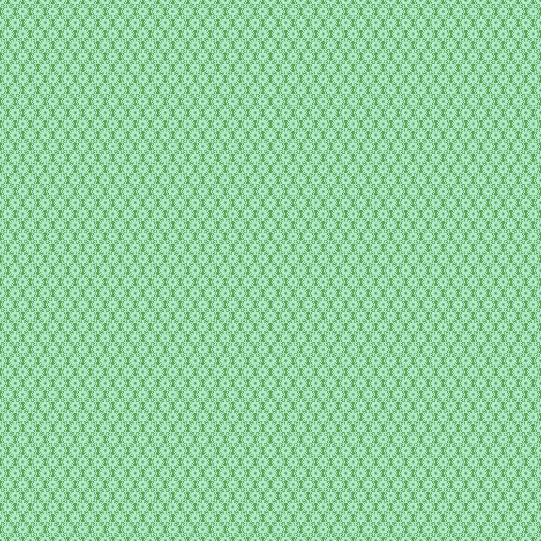 fabric swatch of a small geometric mint green flower print on a darker green background