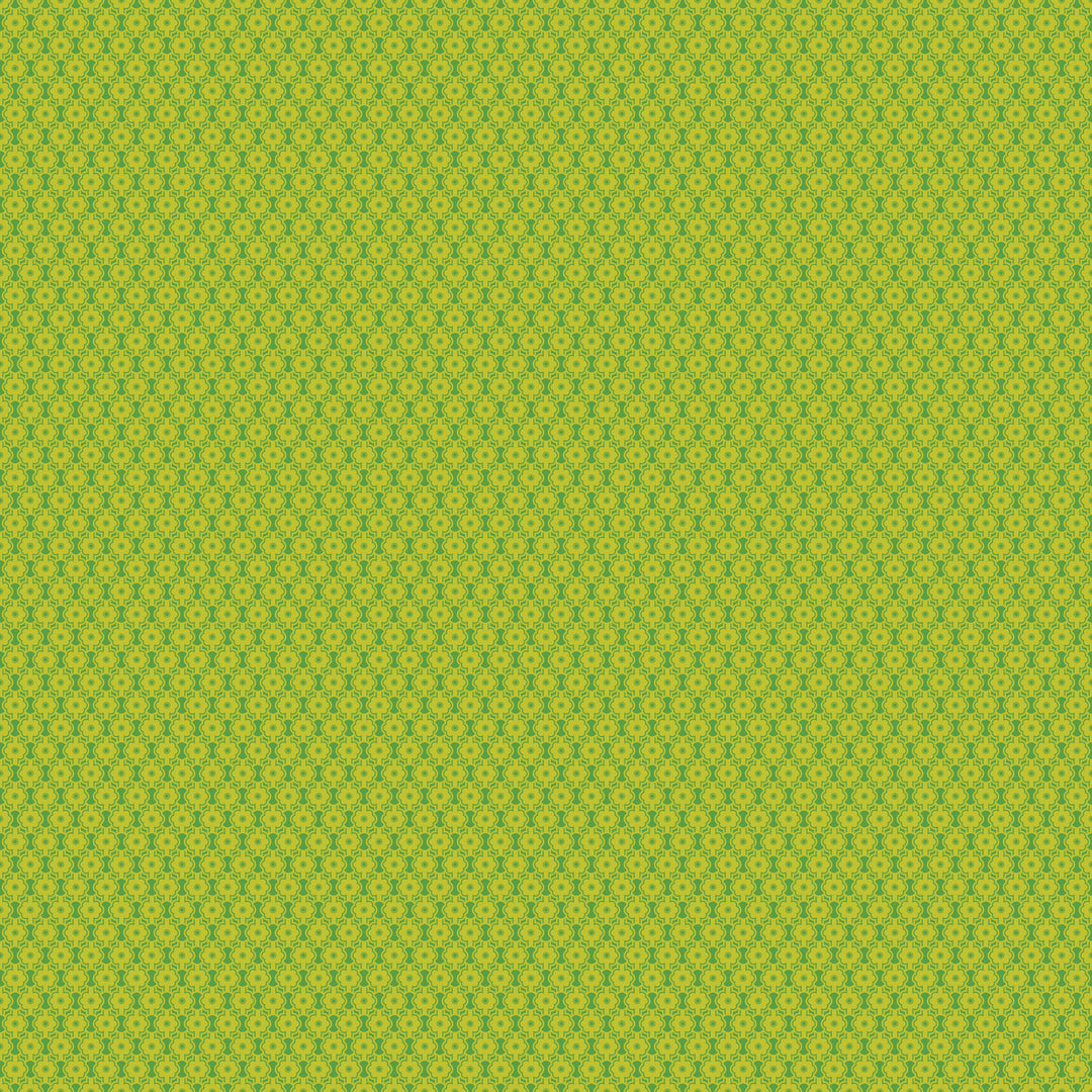 fabric swatch of a small geometric chartreuse flower print on a darker green background