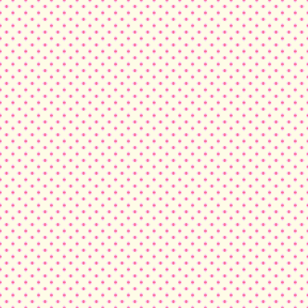 fabric swatch with a cream background dotted with pink dots in a geometric pattern, each surrounded by lighter colored diamonds