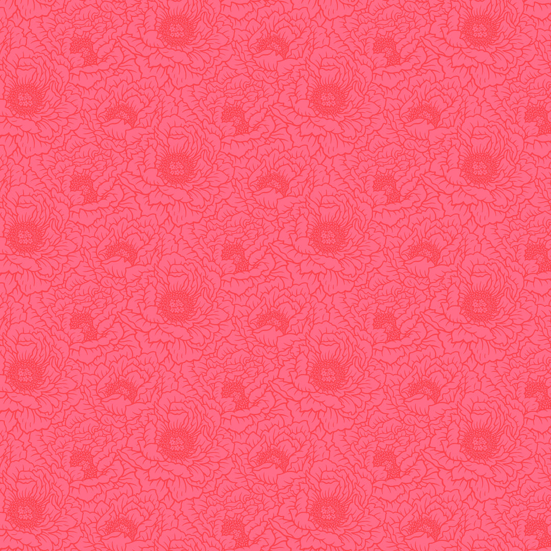 fabric swatch with a geometric print of outlined peony flowers in coral with a slightly lighter contrasted background