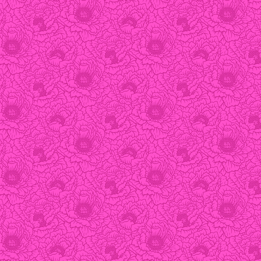 fabric swatch with a geometric print of outlined peony flowers in violet with a slightly lighter contrasted background